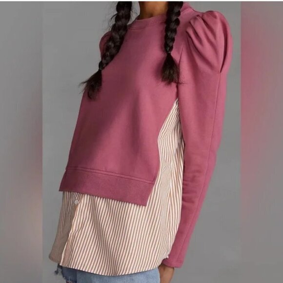 Anthropologie Maeve Layered Tunic Puff Sleeve Crew Neck Sweatshirt Pullover Top - Picture 4 of 15